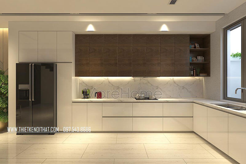 Thiết kế phòng bếp hiện đại với tông màu nội thất trắng - nâu tạo nên sự tinh tế cho căn bếp Thiết kế nhà bếp tiện nghi