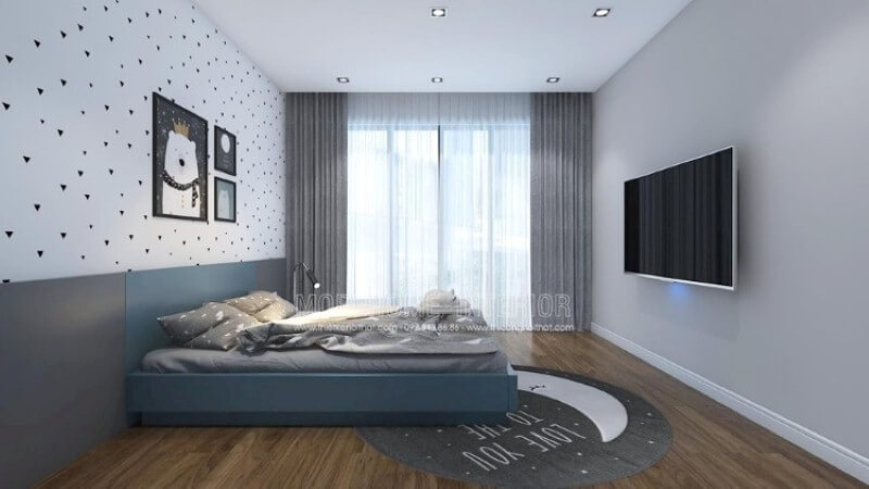 Giấy dán tường phòng bé đơn giản cùng bộ tranh canvas giúp phòng bé trở nên sinh động, đáng yêu. Thiết kế nội thất chung cư