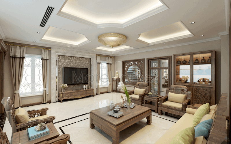 Thiết kế nội thất phòng khách phong cách Á Đông sang trọng, đẳng cấp tại biệt thự Riverside Nguyễn Duy Trinh, Quận 2, Tp. Hồ Chí Minh. Thiết kế phòng khách biệt thự