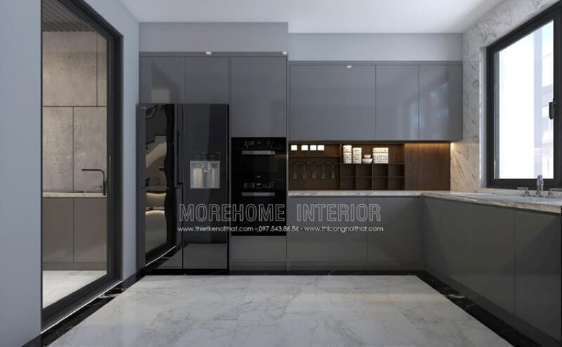 Trang trí nội thất phòng bếp hiện đại đẹp sang trọng với tone màu xám nổi bật phù hợp gia chủ mệnh Thủy. Thiết kế nội thất chung cư