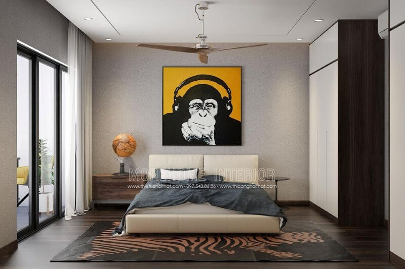 Bố trí phòng ngủ hiện đại đẹp với tranh canvas treo tường cùng quả địa cầu độc đáo. Thiết kế nội thất chung cư