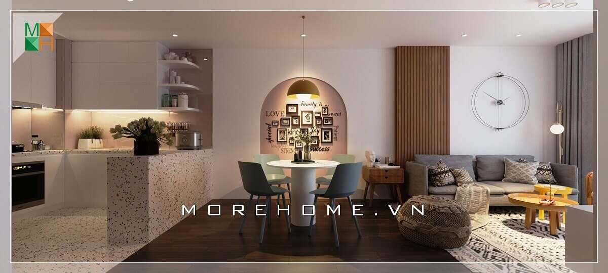 Thiết kế bố cục phòng khách chung cư đơn giản liền phòng ăn và bếp mang đến sự liền mạch, tiện lợi mang phong cách hiện đại. Thiết kế nội thất chung cư