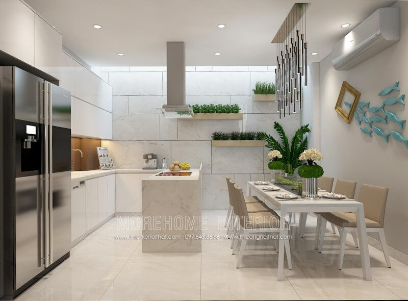 Mẫu tủ bếp gỗ Acrylic nhẹ nhàng kết hợp màu trắng chủ đạo mang lại không gian nhà bếp hiện đại và rộng rãi hơn Tủ bếp gỗ công nghiệp và tủ bếp acrylic