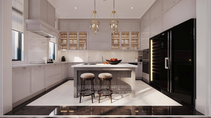 Morehome chuyên thiết kế và thi công sản xuất các mẫu tủ bếp biệt thự bằng gỗ đẹp. Khách hàng có nhu cầu đặt sản xuất tủ bếp hiện đại, vui lòng liên hệ với Morehome để được tư vấn và báo giá. Tủ bếp đẹp