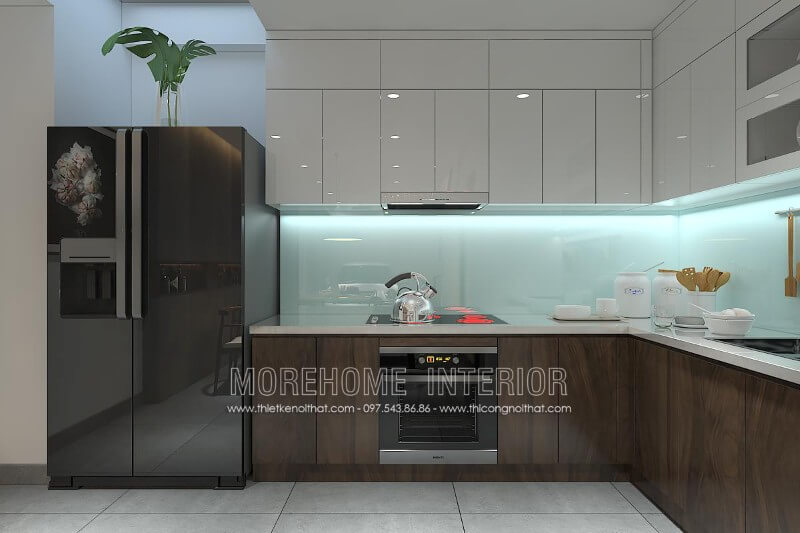 Tủ bếp hiện đại kiểu dáng chữ L tận dụng tối đa được góc khuất của phòng bếp mang lại không gian rộng và thoáng hơn Tủ bếp đẹp