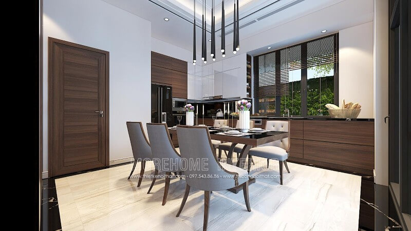 Sử dụng gam màu nâu trầm đóng vai trò chủ đạo, tủ bếp gỗ Veneer được coi là điểm nhấn sang trọng cho cả không gian Tủ bếp đẹp