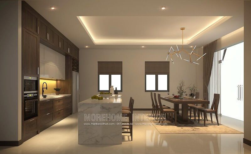 Mẫu tủ bếp gỗ óc chó phong cách hiện đại được yêu thích luôn đi đầu xu hướng