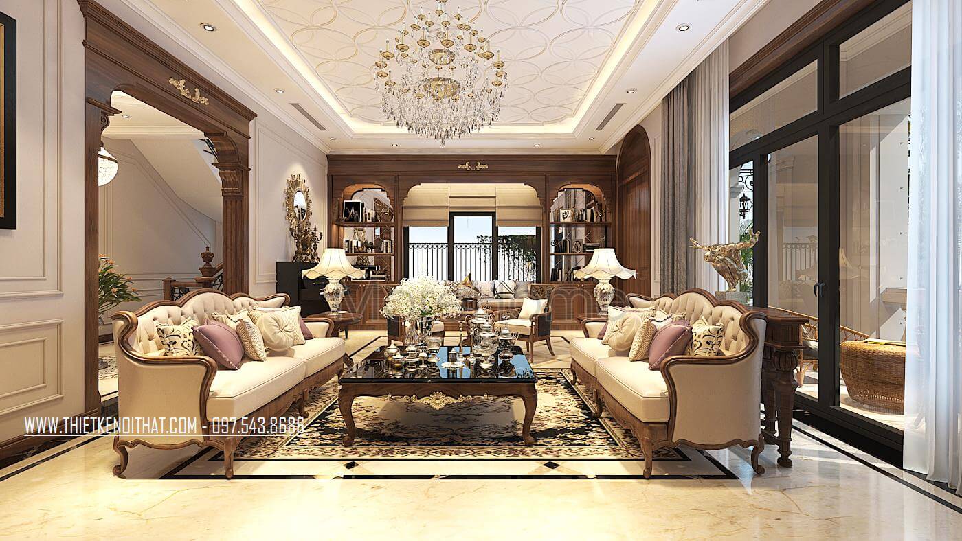 Mẫu sofa gỗ óc chó bọc da đẹp cao cấp ở biệt thự Vinhomes Greenbay Hà Nội