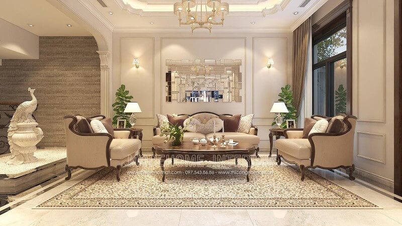 Hạng mục sofa gỗ óc chó tân cổ điển luôn là sản phẩm chủ đạo của không gian phòng khách, mang đến sự sang trọng, quý phái.