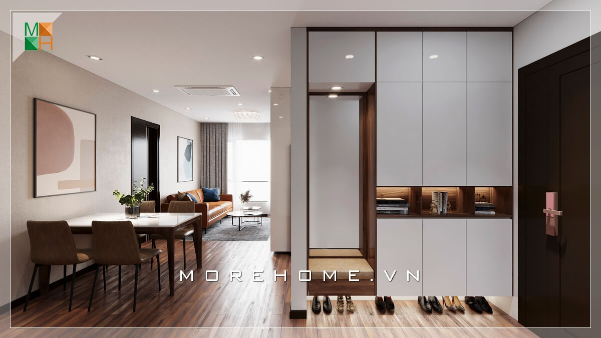 Bộ bàn ăn hiện đại 4 ghế đặt liền phòng khách, tất cả tạo nên một thể thống nhất liền mạch ăn ý và tiện lợi.