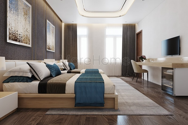 Mẫu thiết kế phòng ngủ khách sạn 5 sao đẹp 1 giường đôi, 1 giường đơn cao cấp với cách bố trí đối xứng khiến không gian phòng như nhân đôi hơn.