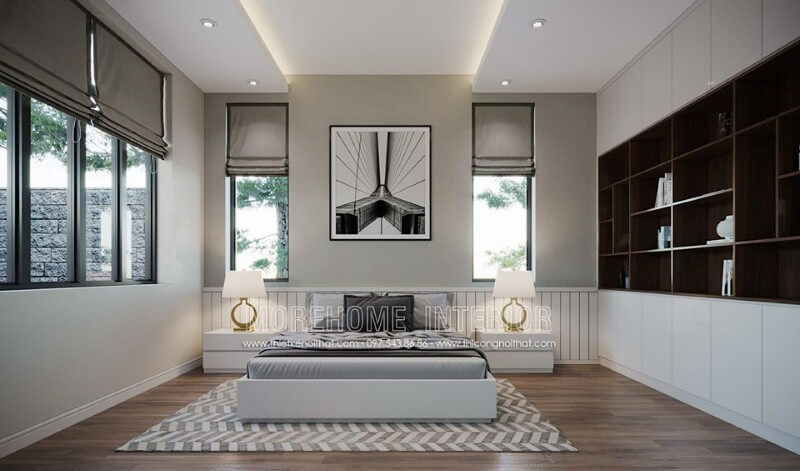 Sắp xếp nội thất phòng ngủ màu trắng đẹp sang trọng độc đáo.