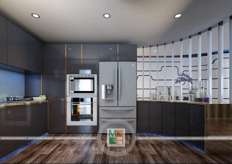 Mẫu thiết kế phòng bếp chung cư đẹp với hệ tủ bếp gỗ tự nhiên cao cấp mang đến không gian nội trợ lí tưởng cho chị em
