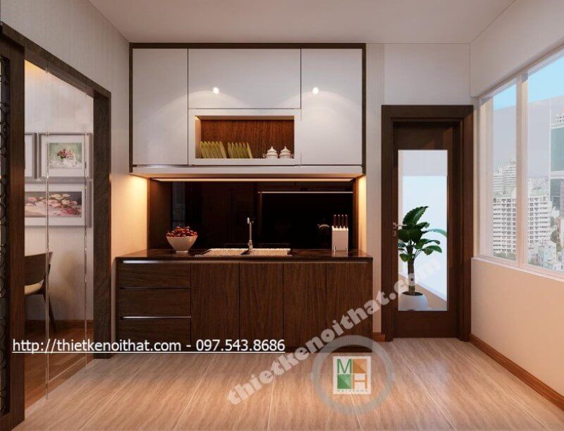 Hệ thống tủ bếp gỗ công nghiệp được thiết kế đơn giản, kết hợp 2 tone màu nâu trầm và trắng tạo hiệu ứng màu sắc mang đến cảm giác thư giãn và thanh thoát nhẹ nhàng.