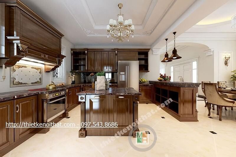 Thiết kế phòng bếp tại biệt thự gỗ hương phong cách tân cổ điển sang trọng, cuốn hút tạo không gian nấu nướng tiện nghi cho người nội trợ