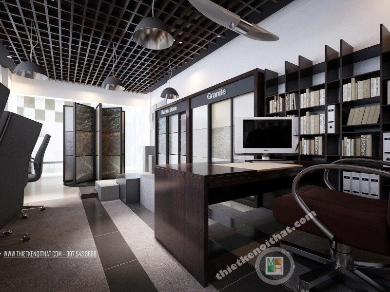 Mẫu thiết kế văn phòng showroom đá tự nhiên cao cấp kết hợp đồ nội thất gỗ công nghiệp mang đến một không gian làm việc chuyên nghiệp