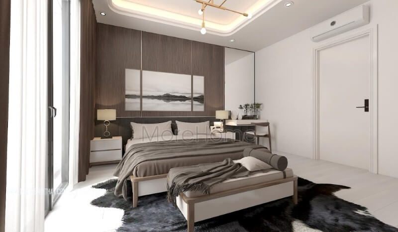 Phối cảnh nội thất phòng ngủ hiện đại ấn tượng với chất liệu gỗ óc chó sang trọng từ gỗ ốp tường, giường ngủ gỗ, đôn sofa,..