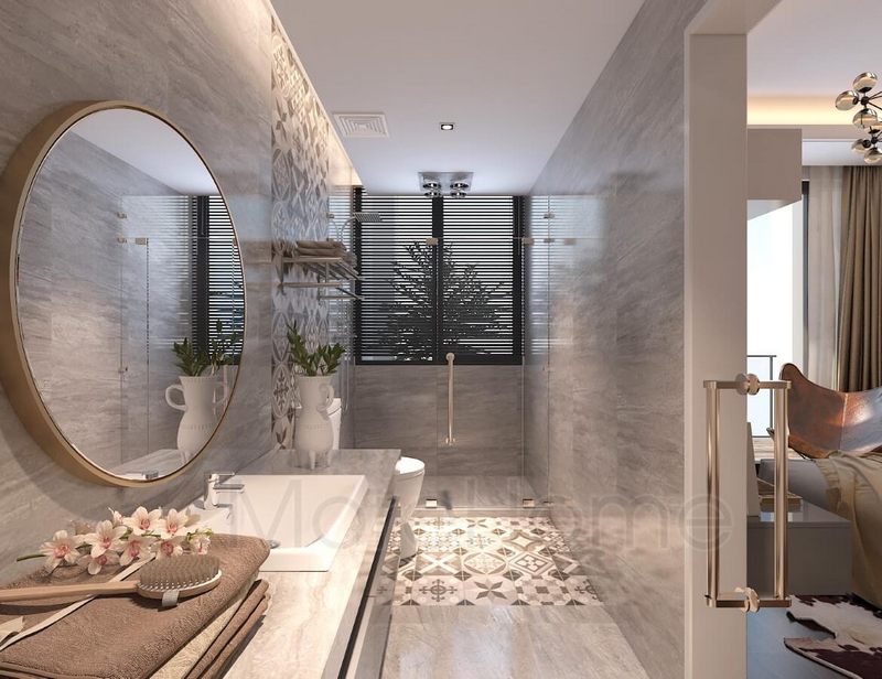 Lựa chọn đá lát tường, sàn vân mây giúp phòng tắm sạch sẽ và thoáng rộng hơn