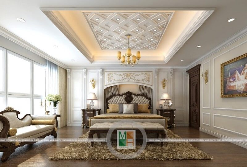 Mẫu thiết kế phòng ngủ chung cư sang trọng với đồ nội thất gỗ tự nhiên mang đến cảm giác như một căn phòng ngủ hoàng gia đầy đẳng cấp
