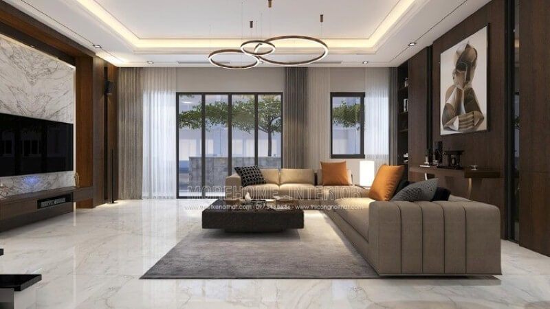 Bố trí nội thất phòng khách đẹp, cao cấp cho biệt thự ấn tượng với gỗ ốp tường, đá đối vân trang trí.