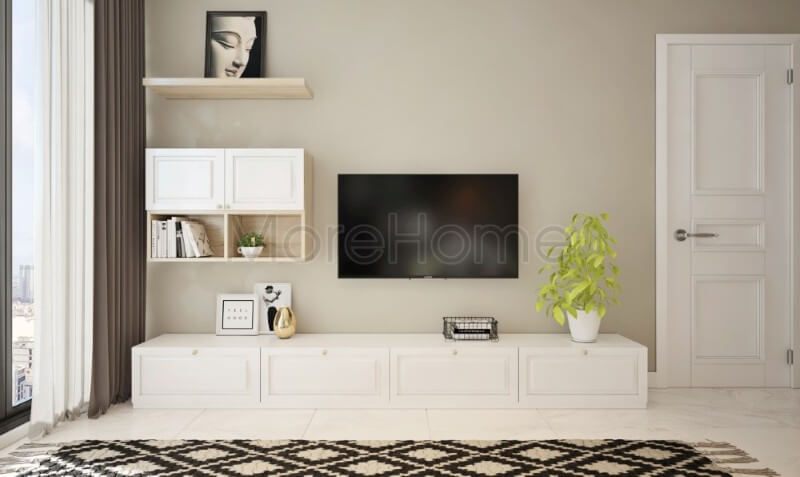 Tô điểm không gian tiếp khách hiện đại đẹp hơn với kệ ti vi gỗ công nghiệp phun sơn trắng cao cấp