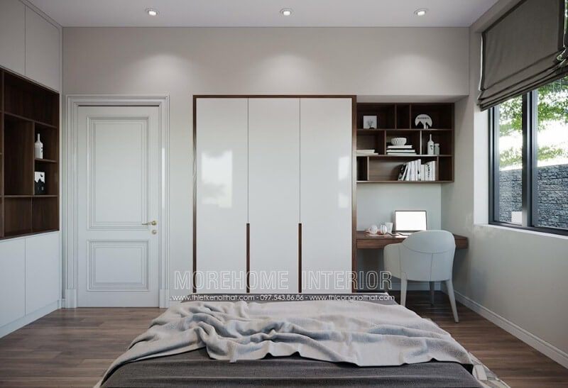 Thiết kế nội thất phòng ngủ sơn trắng kết hợp điểm nhấn gỗ tạo nét độc đáo sang trọng.