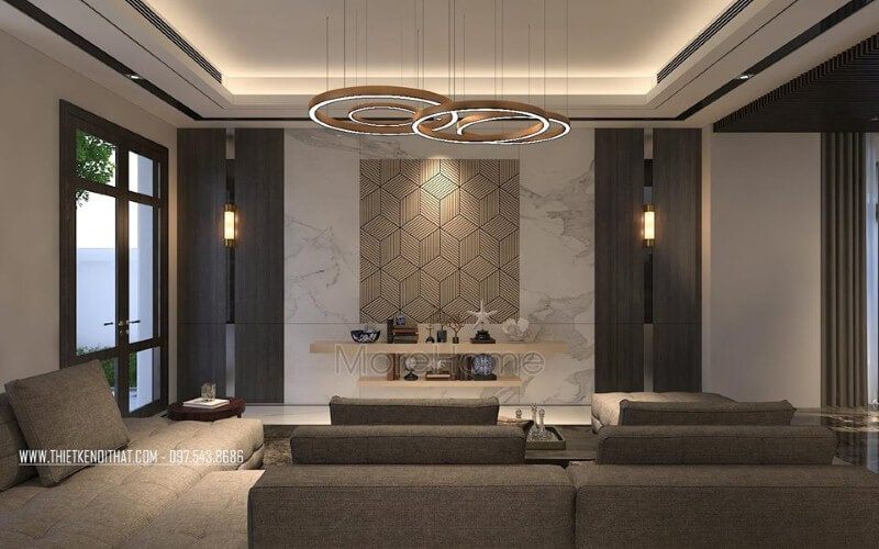 Sắp xếp phòng khách hiện đại ấn tượng với đá ốp tường cao cấp cùng họa tiết 3D độc đáo.