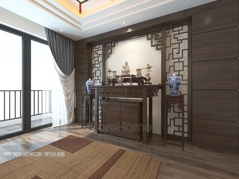 Mẫu bàn thờ chung cư đẹp với thiết kế nhỏ gọn kết hợp vách CNC cách điệu mang đến sự sang trọng cho không gian phòng thờ.