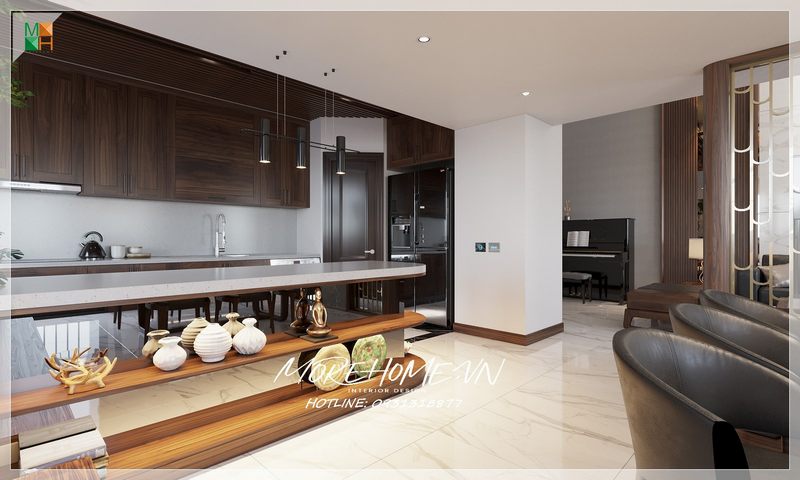 Mẫu thiết kế bàn đảo bếp bằng gỗ kết hợp mặt đá nhân tạo độc đáo, vừa tạo điểm nhấn cho không gian vừa giúp ngăn cách khu vực bếp và phòng ăn