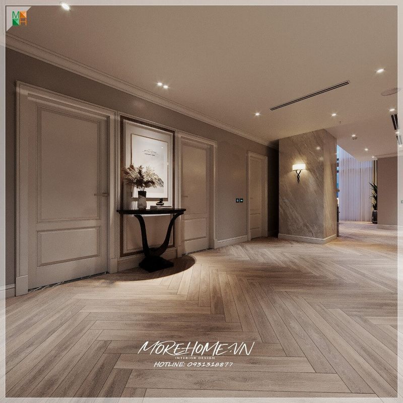 Mẫu bàn console tân cổ điển bằng gỗ óc chó tự nhiên giúp không gian hành lang thêm sang trọng