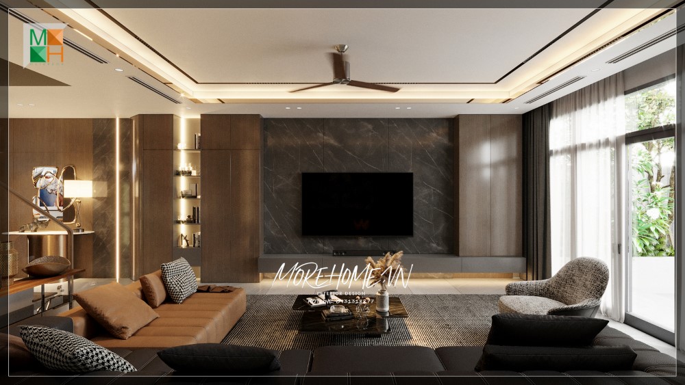 Sofa bọc da màu da bò hiện đại với diện tích rộng thoải mái tiện lợi cho sử dụng của gia chủ