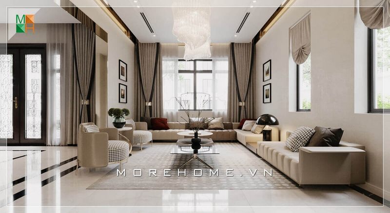 Ghế sofa phòng khách của mẫu này rất tinh tế và được bố trí khoa học giúp tăng thêm sự sang trọng cho không gian ở đây.