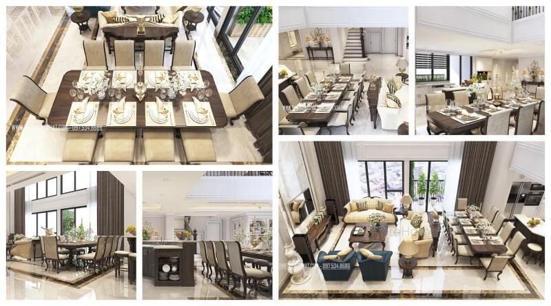 Bộ bàn ăn 10 ghế gỗ óc chó sang trọng và đẹp nhất được tìm thấy ở căn hộ Duplex Thanh Xuân Hà Nội.