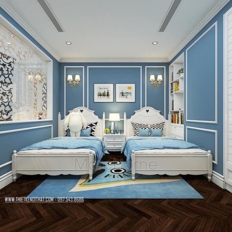 Giường ngủ tân cổ điển được chia thành hai chiếc giường đơn để tạo ra một không gian nghỉ ngơi tối ưu cho con.