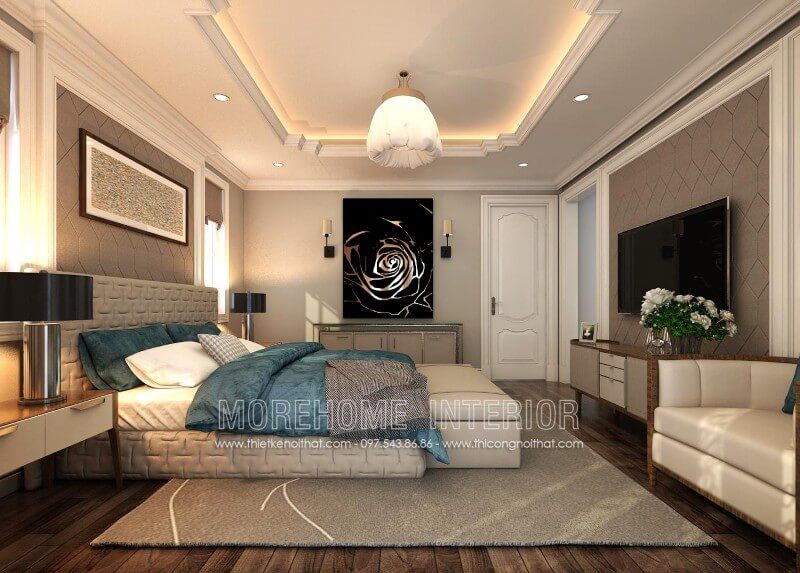 .
Giường ngủ bọc da có các chi tiết lạ mắt kết hợp với một chiếc đôn sofa được bố trí dưới phía cuối giường để tạo sự đồng bộ và cung cấp sự tiện nghi cho gia chủ.